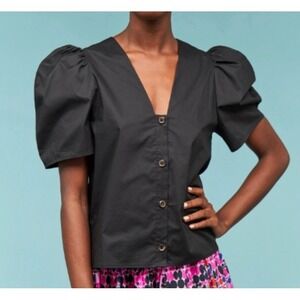 RHODE Resort Nisha Top Black Puff Sleeve V Neck Button Front Blouse Sz M Cotton
